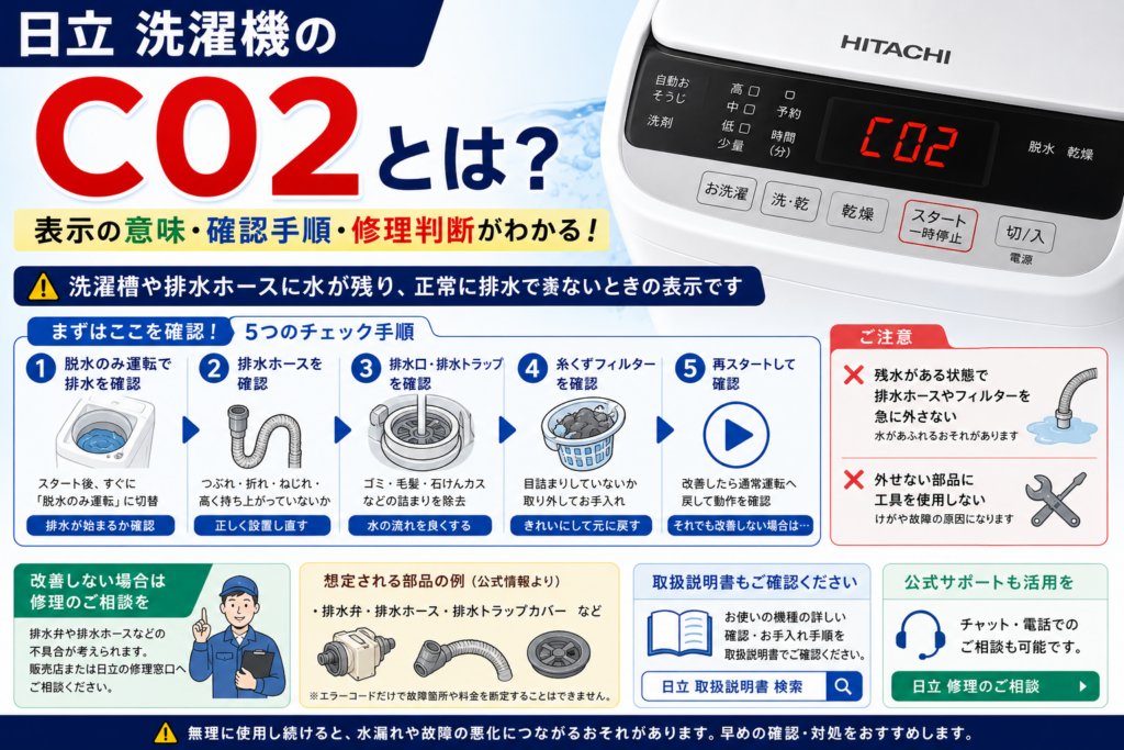 日立洗濯機のエラーコードC02について、排水ホース・排水口・排水トラップ・糸くずフィルターの確認手順、残水時の注意点、修理相談の目安を案内する図解