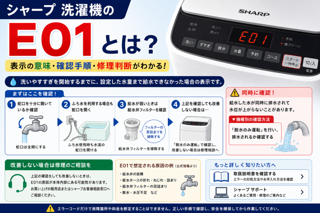 シャープ洗濯機のエラーコードE01について、蛇口・給水ホース・給水弁フィルターの確認、給水中に排水される場合の対処、修理相談の目安を案内する図解