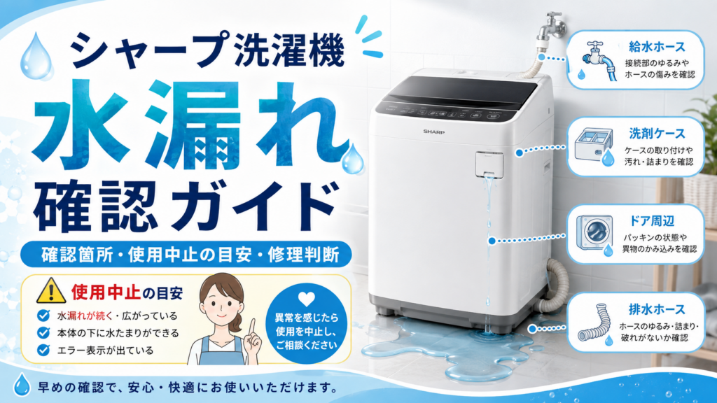 シャープ洗濯機の水漏れについて、給水ホース・洗剤ケース・ドア周辺・排水ホースの確認箇所、使用を中止する目安、修理判断を案内する図解