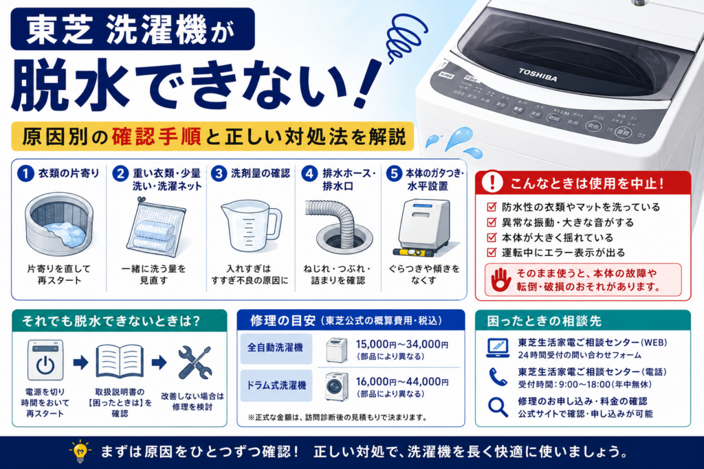 東芝洗濯機が脱水できないときに、衣類の片寄り・洗剤量・排水ホースと排水口・本体の水平設置を確認する手順、使用中止の目安、修理費用と相談先を案内する図解
