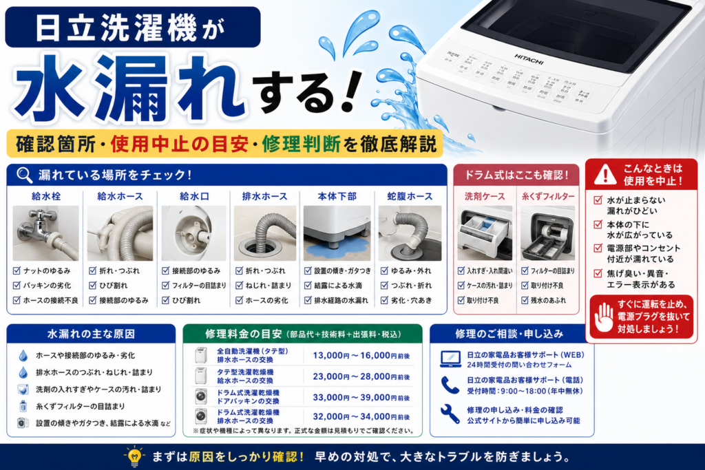 日立洗濯機の水漏れについて、給水栓・給水ホース・給水口・排水ホース・本体下部・蛇腹ホース、ドラム式の洗剤ケース・糸くずフィルターを確認する箇所、使用中止の目安、修理料金と相談先を案内する図解
