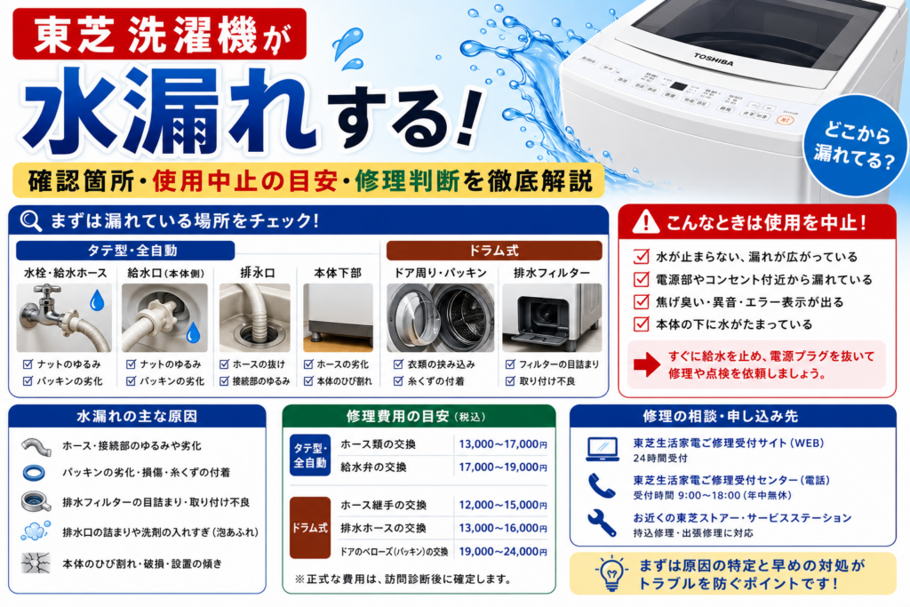 東芝洗濯機の水漏れについて、水栓・給水ホース・給水口ナット・排水口・本体下部、ドラム式のドア周り・排水フィルターの確認箇所、使用中止の目安、修理料金と相談先を案内する図解