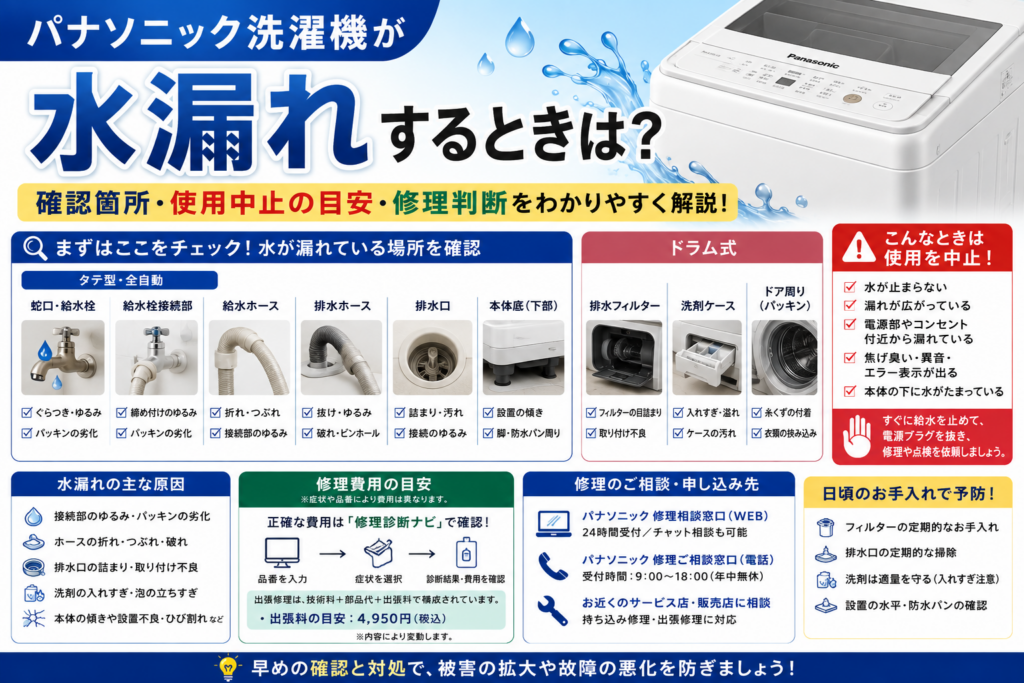 パナソニック洗濯機の水漏れについて、蛇口・給水ホース・排水ホース・排水口・本体底部、ドラム式の排水フィルター・洗剤ケース・ドア周りの確認箇所、使用中止の目安、修理相談と出張料を案内する図解