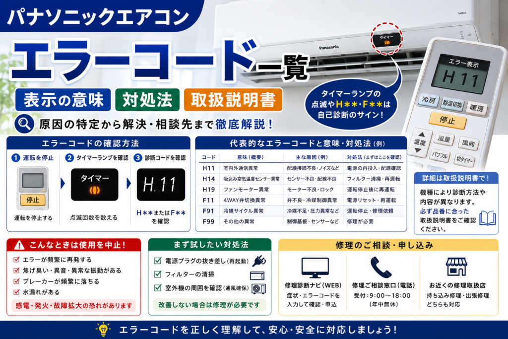 パナソニックエアコンのエラーコードについて、タイマーランプの点滅、H11・H14・H19・F11・F91・F99などの表示の意味、確認手順、使用中止の目安、取扱説明書と修理相談先を案内する図解
