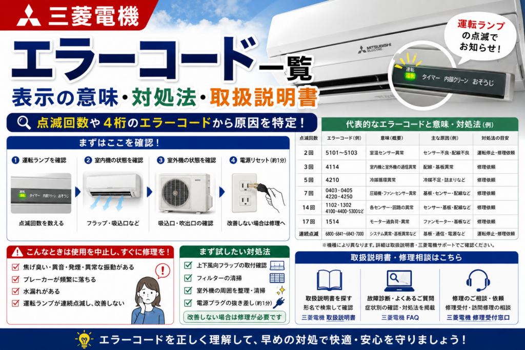 三菱電機エアコンのエラーコードについて、運転ランプの点滅回数、5101・4114・4210・0403・1102・1514などの4桁コードの意味、確認手順、使用中止の目安、取扱説明書と修理相談先を案内する図解