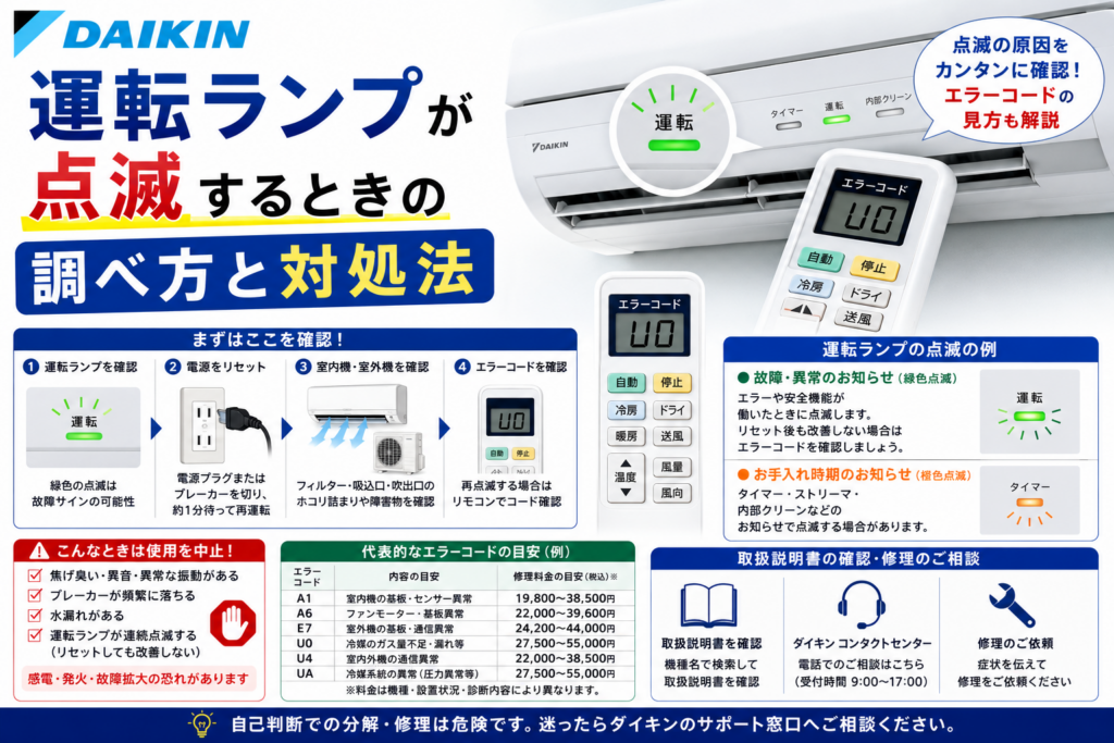 ダイキンエアコンの運転ランプが点滅したときに、約1分の電源リセット、室内機・室外機の確認、リモコンでのエラーコード確認、使用中止の目安、取扱説明書と修理相談先を案内する図解
