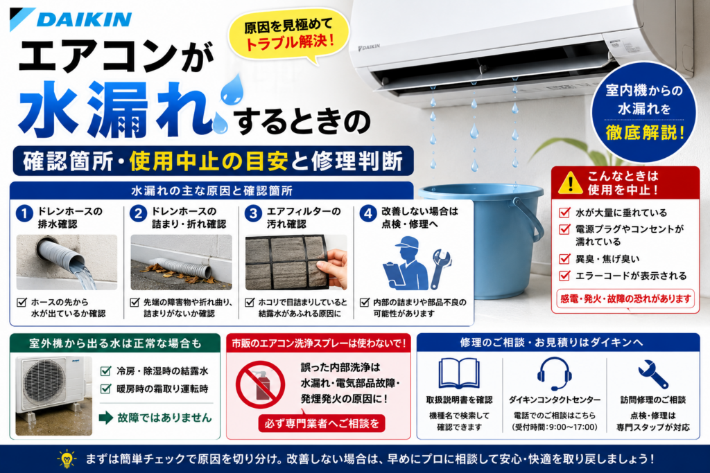 ダイキンエアコンの室内機から水漏れしたときに、ドレンホースの排水・先端の詰まりや折れ・エアフィルターの汚れを確認する手順、使用中止の目安、室外機から出る正常な水との違い、修理相談先を案内する図解