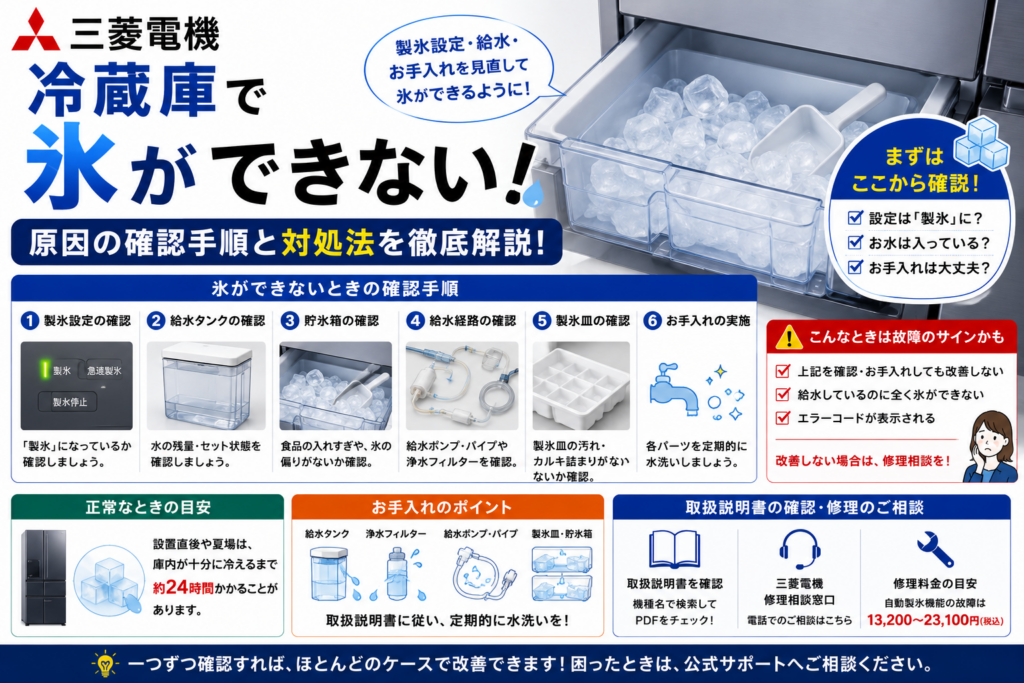 三菱電機冷蔵庫で氷ができないときに、製氷設定・給水タンク・貯氷箱・給水ポンプやパイプ・浄水フィルター・製氷皿を確認する手順、お手入れ方法、修理相談の目安を案内する図解