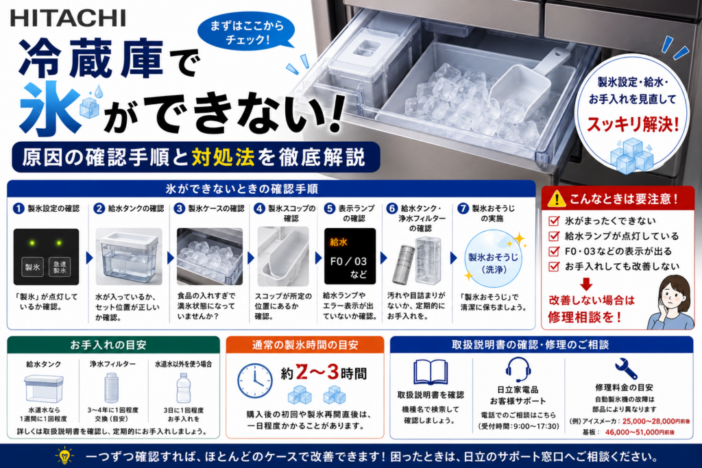 日立冷蔵庫で氷ができないときに、製氷設定・給水タンク・製氷ケース・製氷スコップ・給水ランプやF0／03表示・浄水フィルター・製氷おそうじを確認する手順、通常の製氷時間、お手入れ方法、修理相談の目安を案内する図解
