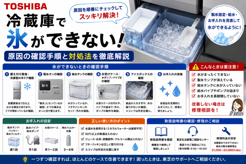 東芝冷蔵庫で氷ができないときに、製氷設定・給水タンク・水受けケース・給水ポンプやパイプ・アイスボックスの状態・各部のお手入れを確認する手順、設置直後の待ち時間、修理相談の目安を案内する図解