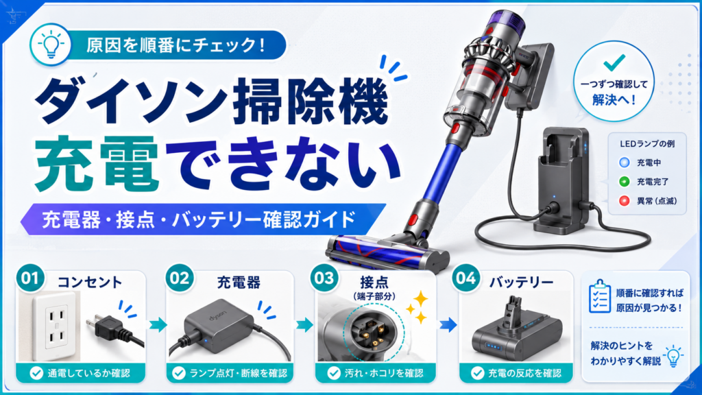 ダイソン掃除機が充電できないときに、コンセント・充電器・接点・バッテリー・LEDランプの状態を順番に確認し、充電トラブルの原因を切り分ける手順を案内する図解