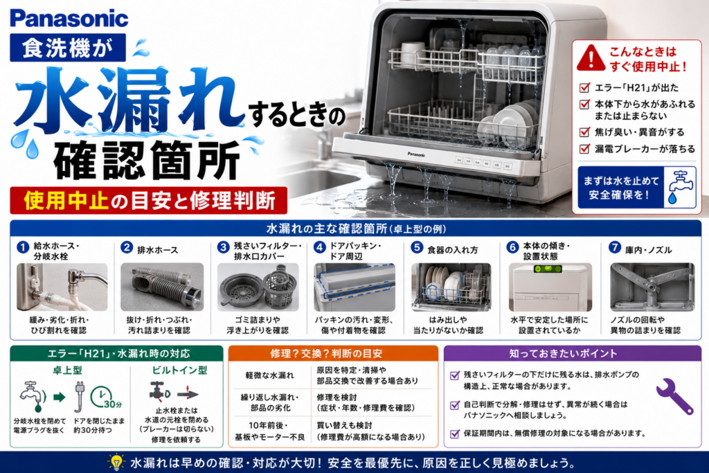 パナソニック食洗機の水漏れについて、給水・排水ホース、残さいフィルター、ドアパッキン、食器の入れ方、本体の傾きを確認する箇所と、H21表示時の卓上型・ビルトイン型それぞれの使用中止・止水・修理判断を案内する図解
