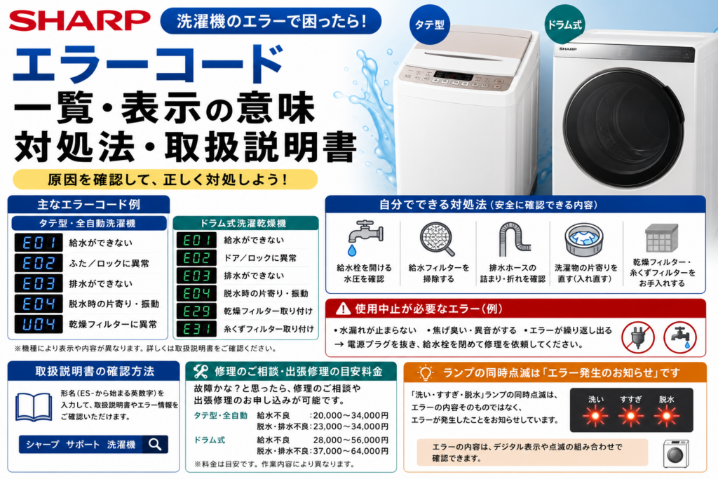 シャープ洗濯機のエラーコードについて、縦型・ドラム式それぞれのE01・E02・E03・E04・U04などの主な表示例、給水・排水・ふたやドア・脱水・乾燥フィルターの確認方法、使用中止の目安、取扱説明書と修理料金の確認方法を案内する図解