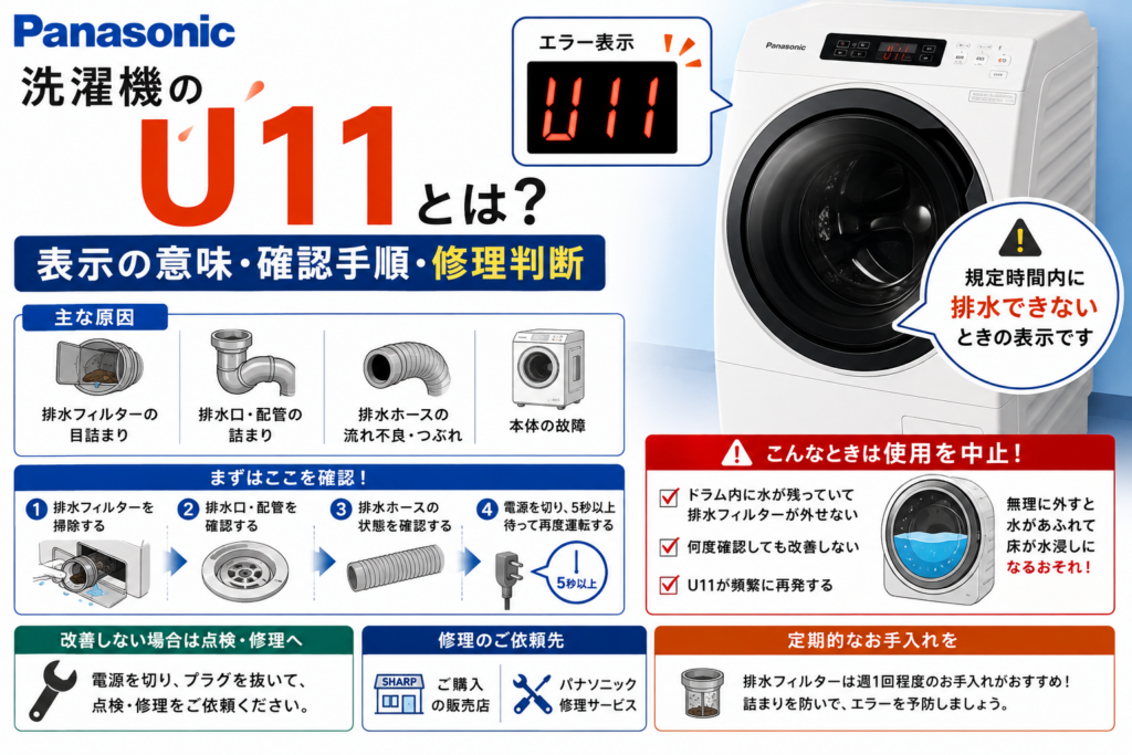 パナソニック洗濯機のエラー「U11」について、規定時間内に排水できない状態、排水フィルター・排水口・排水ホースの確認手順、多量の残水がある場合の注意、改善しないときの修理判断を案内する図解