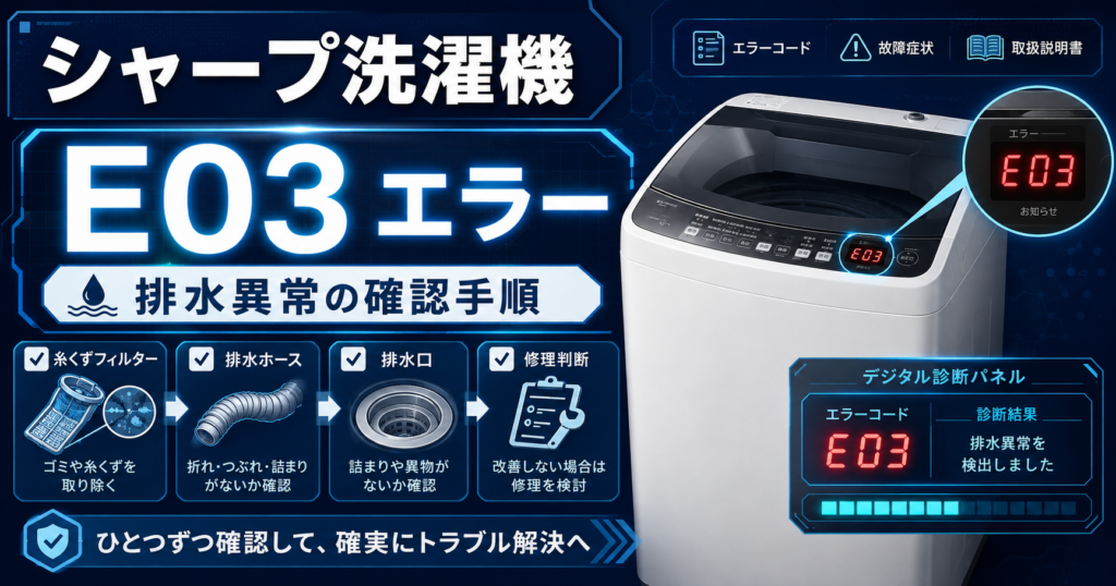 シャープ洗濯機のE03エラーと、糸くずフィルター・排水ホース・排水口の確認手順、修理判断を案内する図解