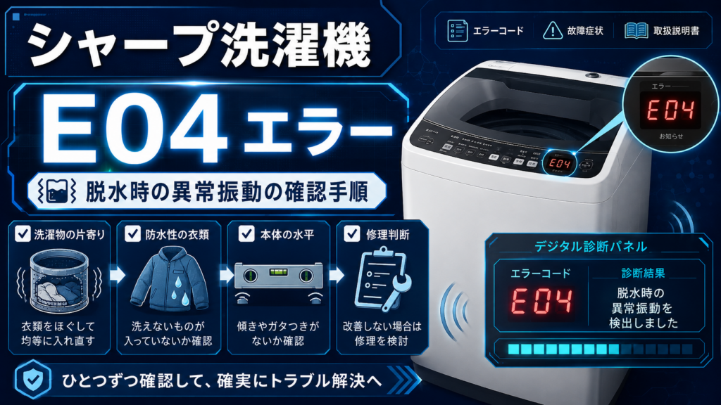 シャープ洗濯機のE04エラーと、洗濯物の片寄り・防水性衣類・本体の水平確認・修理判断を案内する図解