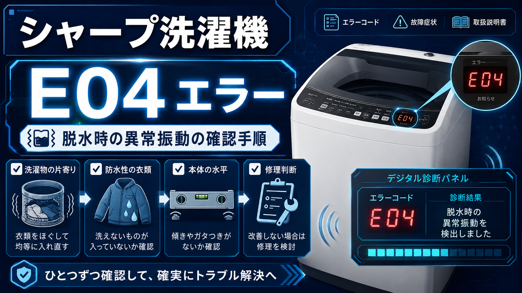 シャープ洗濯機のE04エラーと、洗濯物の片寄り・防水性衣類・本体の水平確認・修理判断を案内する図解