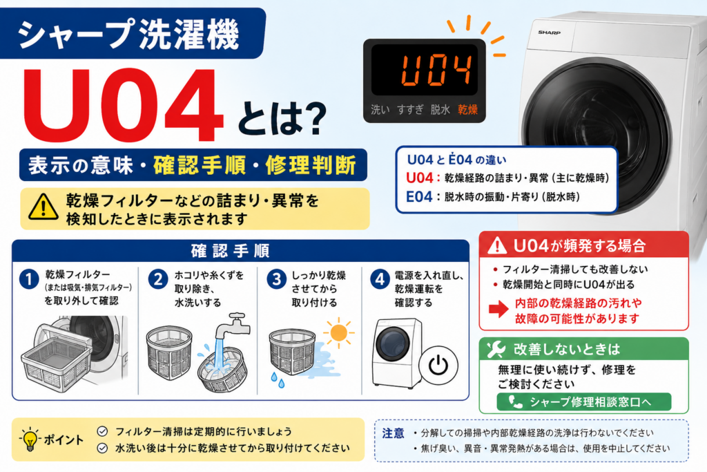 シャープ洗濯機のU04エラーと、乾燥フィルターの詰まり・清掃手順・E04との違い・改善しない場合の修理判断を案内する図解