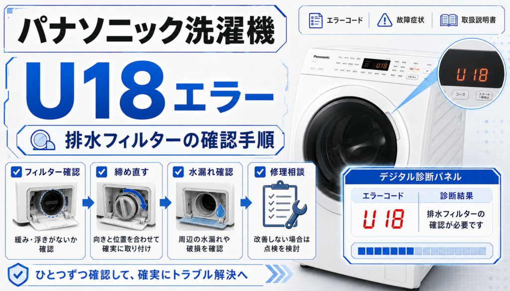 パナソニック洗濯機のU18エラーと、排水フィルターの緩み・取り付け直し・水漏れ確認・改善しない場合の修理判断を案内する図解