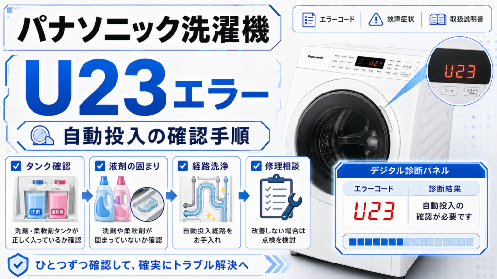 パナソニック洗濯機のU23エラーと、自動投入タンク・洗剤や柔軟剤の固まり・投入経路の確認、改善しない場合の修理判断を案内する図解