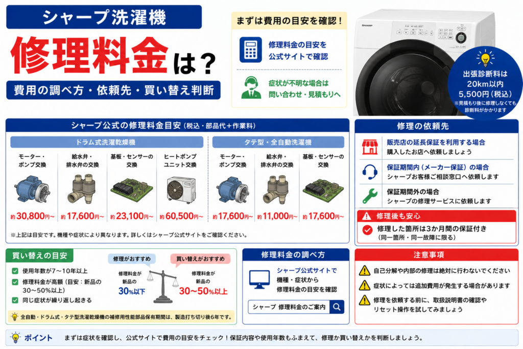 シャープ洗濯機の修理料金の目安と、修理費用の調べ方・依頼先・保証確認・修理か買い替えかの判断ポイントを案内する図解