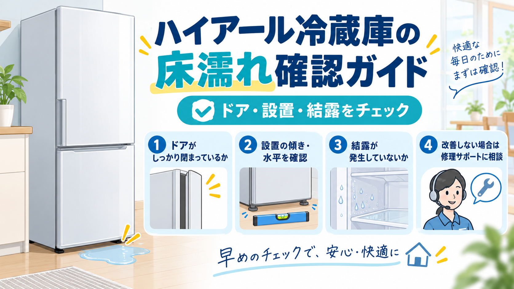 ハイアール冷蔵庫の下や床が濡れるときに、ドアの閉まり・本体の傾きや水平・結露の有無を確認し、改善しない場合は修理サポートへ相談する手順を案内する図解