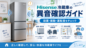 ハイセンス冷蔵庫から異音がするときに、設置状態・本体の振動・ファンやコンプレッサーの運転音・ドアや食品の配置を確認し、改善しない場合は修理相談へ進む手順を案内する図解