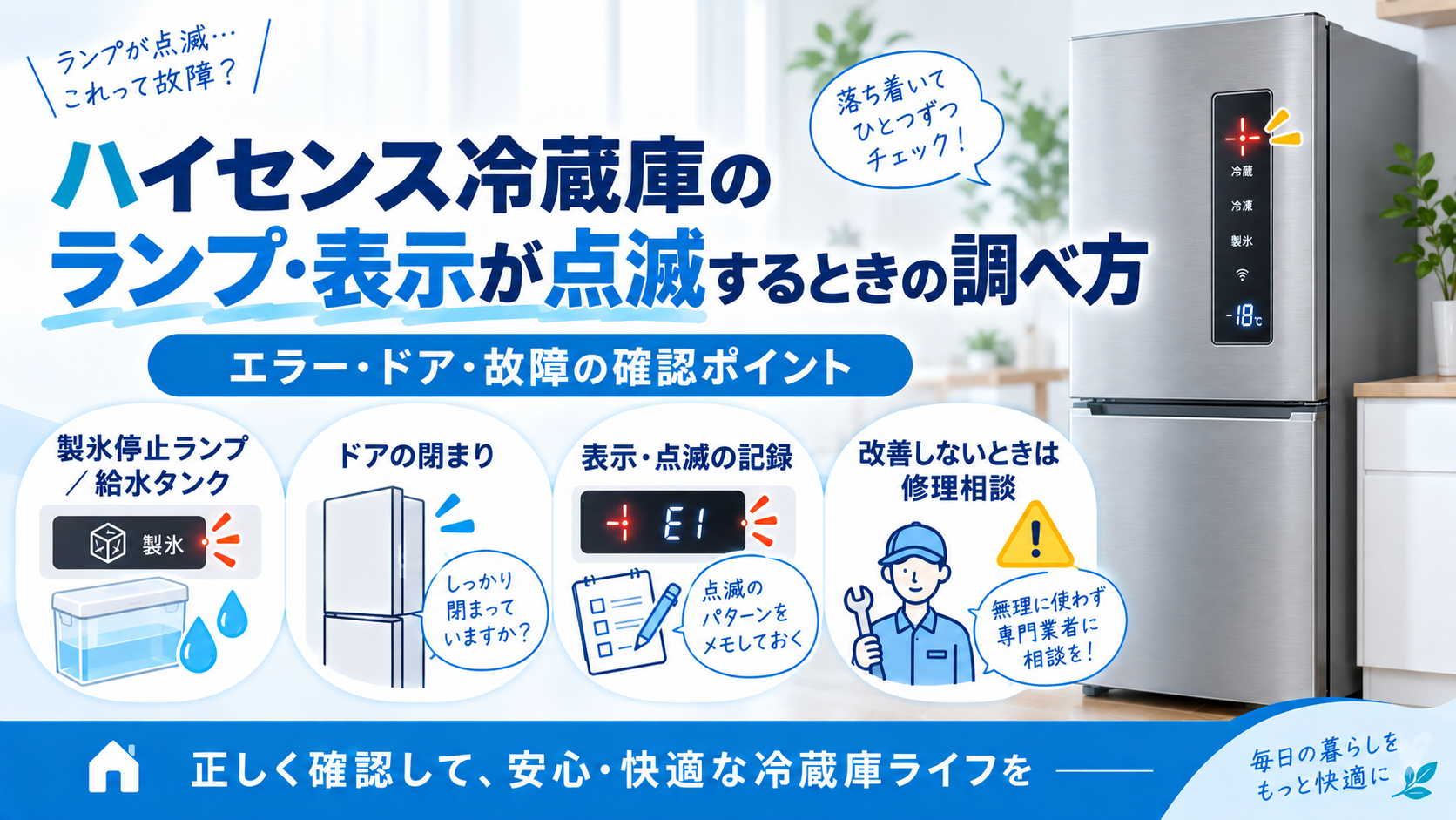 ハイセンス冷蔵庫のランプ・表示が点滅するときに、製氷停止ランプ・給水タンク・ドアの閉まり・表示パターンを確認し、改善しない場合は修理相談へ進む手順を案内する図解