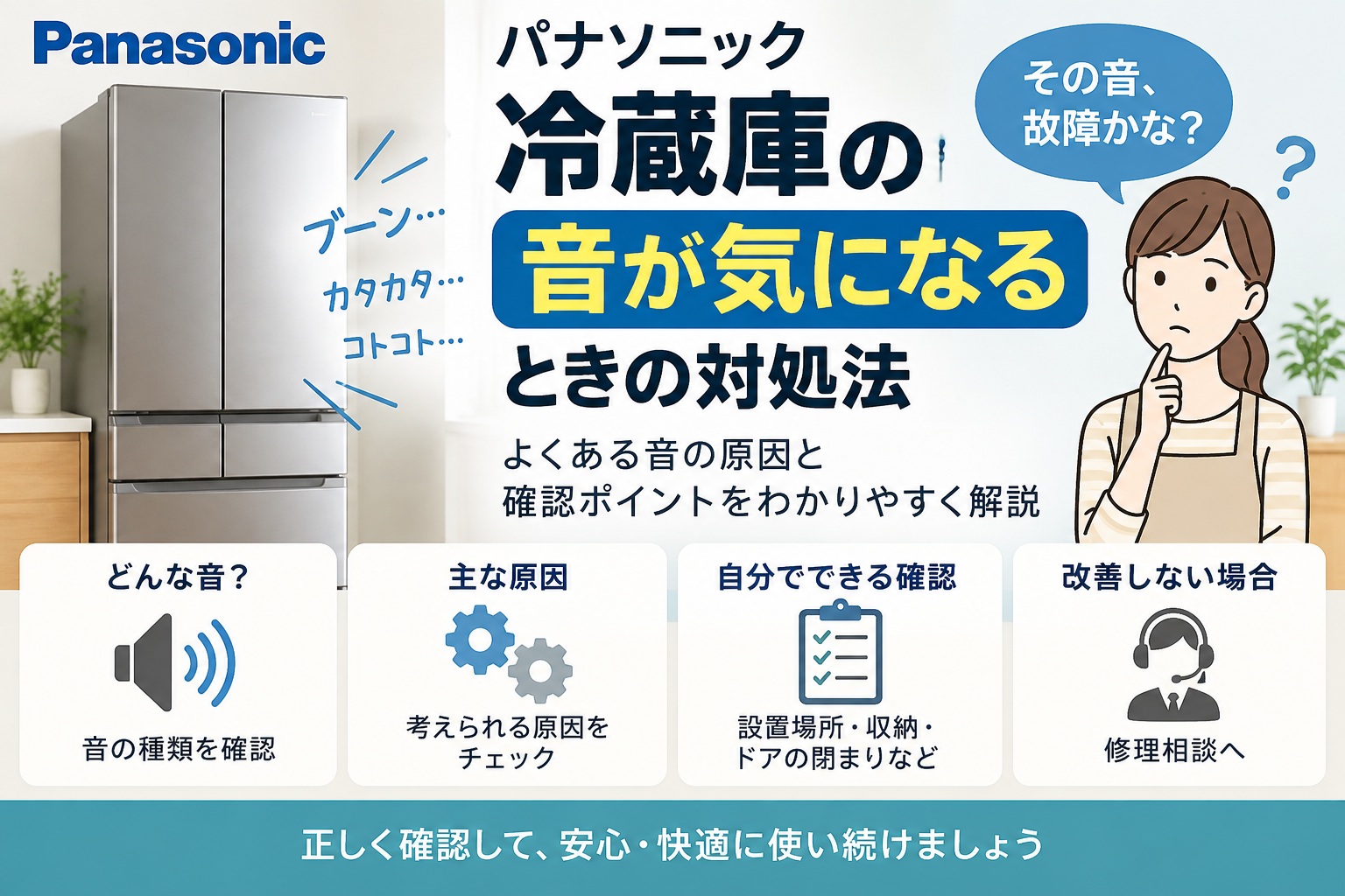 パナソニック冷蔵庫から異音がするときに、音の種類・設置状態・収納・ドアの閉まりを確認し、改善しない場合は修理相談へ進む手順を案内する図解