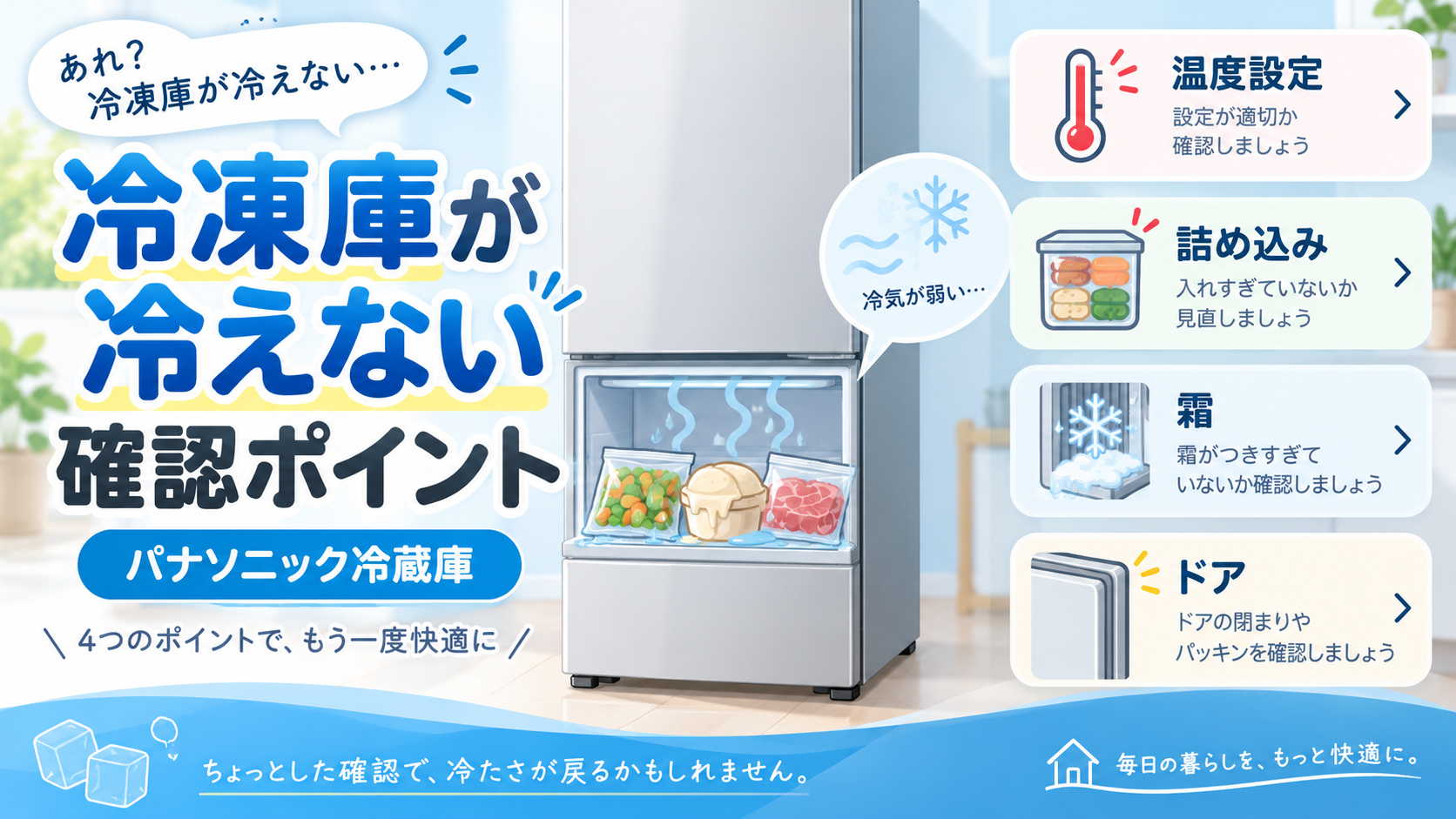 パナソニック冷蔵庫の冷凍庫が冷えないときに、温度設定・食品の詰め込み・霜・ドアの閉まりを確認するポイントを案内する図解
