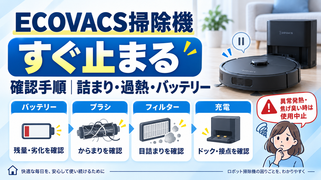 ECOVACS掃除機がすぐ止まるときに、バッテリー残量・ブラシのからまり・フィルターの詰まり・充電ドックの接点を確認し、異常発熱や焦げ臭い場合の使用中止目安を案内する図解
