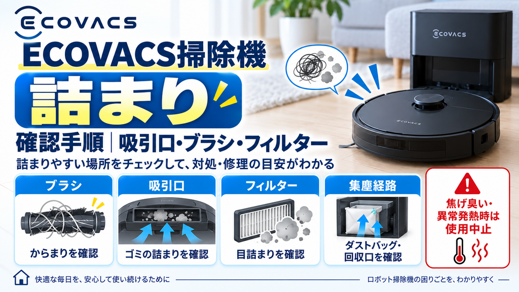 ECOVACS掃除機が詰まったときに、メインブラシ・吸引口・フィルター・自動ゴミ収集経路の詰まりを確認し、焦げ臭いや異常発熱がある場合の使用中止目安を案内する図解