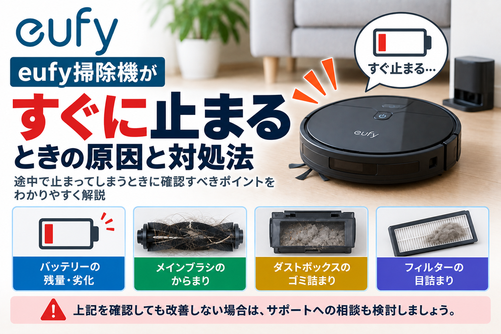 eufy掃除機がすぐ止まるときに、バッテリー残量・劣化、メインブラシのからまり、ダストボックスのゴミ詰まり、フィルターの目詰まりを確認し、改善しない場合のサポート相談の目安を案内する図解