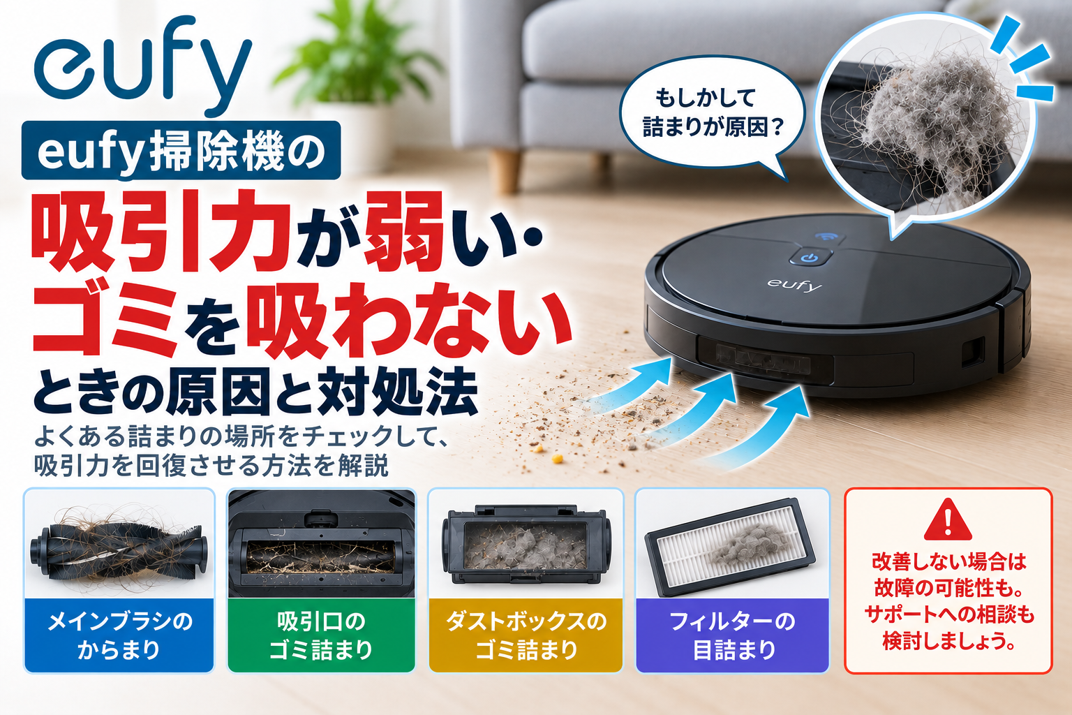 eufy掃除機の吸引力が弱い・ゴミを吸わないときに、メインブラシのからまり・吸引口のゴミ詰まり・ダストボックスのゴミ詰まり・フィルターの目詰まりを確認し、改善しない場合のサポート相談の目安を案内する図解
