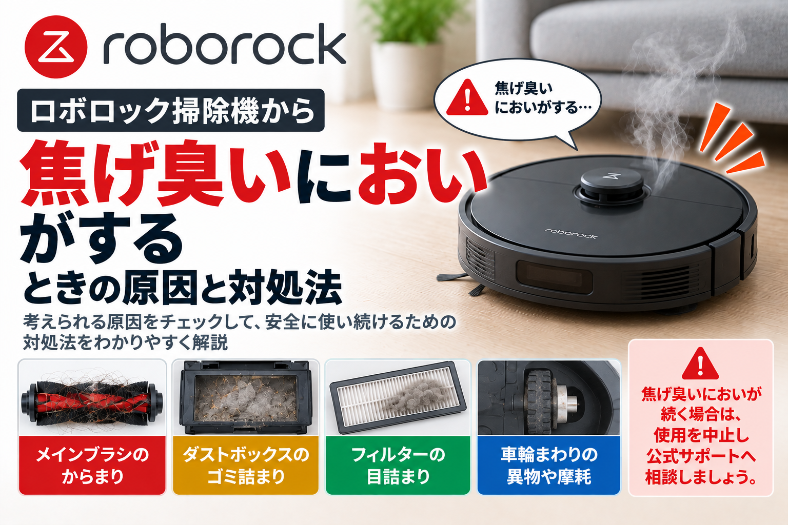 ロボロック掃除機から焦げ臭いにおいがするときに、メインブラシのからまり、ダストボックスのゴミ詰まり、フィルターの目詰まり、車輪まわりの異物や摩耗を確認し、焦げ臭が続く場合の使用中止と公式サポート相談の目安を案内する図解