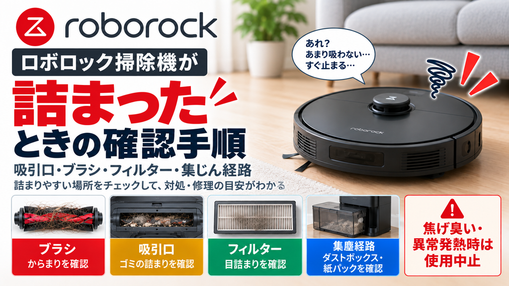 ロボロック掃除機が詰まったときに、メインブラシのからまり、吸引口のゴミ詰まり、フィルターの目詰まり、自動集塵経路やダストボックスの詰まりを確認し、焦げ臭いや異常発熱時の使用中止目安を案内する図解