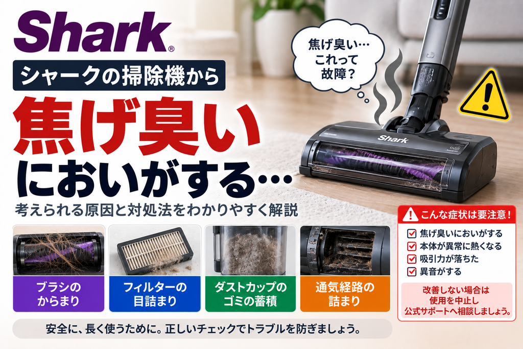 シャーク掃除機から焦げ臭いにおいがするときに、ブラシのからまり、フィルターの目詰まり、ダストカップのゴミ蓄積、通気経路の詰まりを確認し、異常発熱や異音を伴う場合の使用中止と公式サポート相談の目安を案内する図解