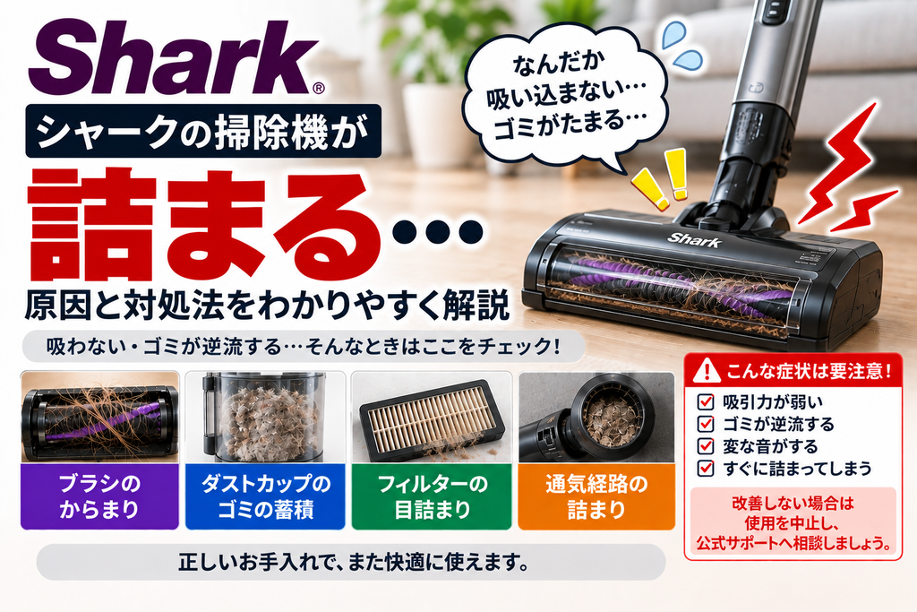 シャーク掃除機が詰まったときに、ブラシのからまり、ダストカップのゴミ蓄積、フィルターの目詰まり、通気経路の詰まりを確認し、吸引力低下や異音が続く場合の使用中止と公式サポート相談の目安を案内する図解