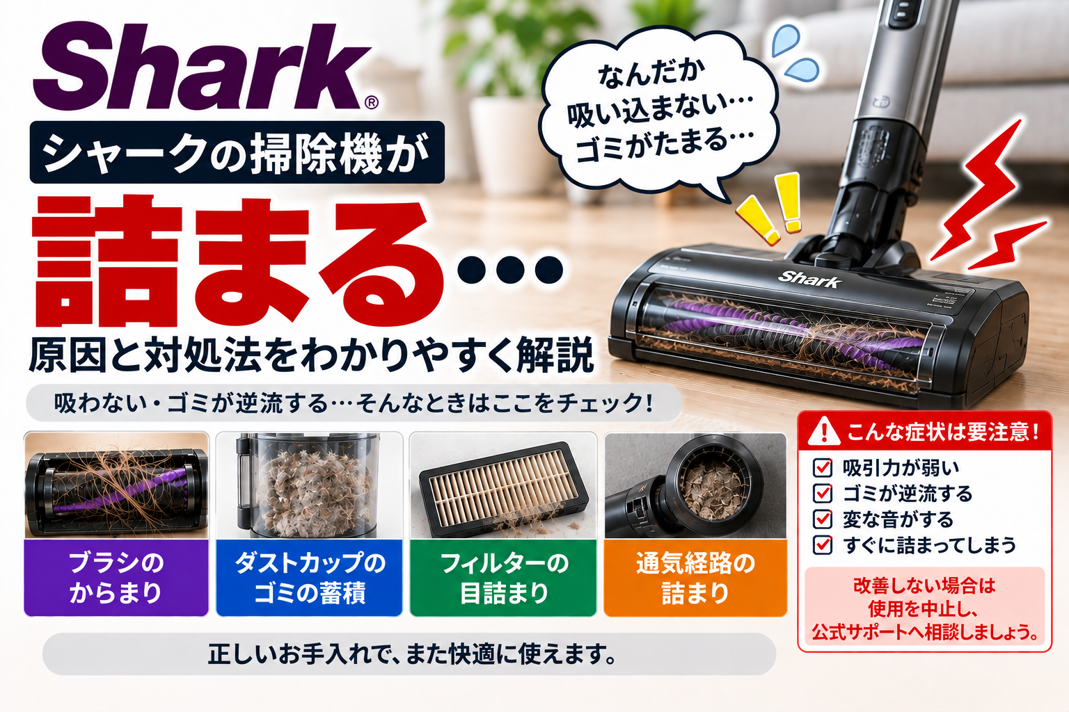 シャーク掃除機が詰まったときに、ブラシのからまり、ダストカップのゴミ蓄積、フィルターの目詰まり、通気経路の詰まりを確認し、吸引力低下や異音が続く場合の使用中止と公式サポート相談の目安を案内する図解