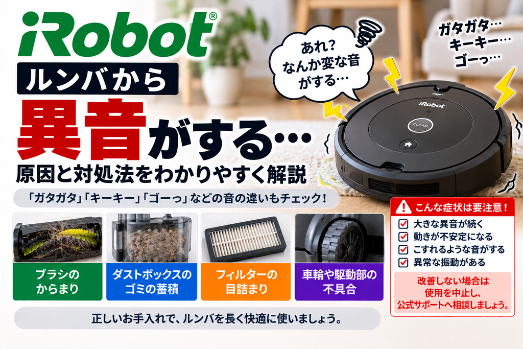 ルンバから異音がするときに、ブラシのからまり、ダストボックスのゴミ蓄積、フィルターの目詰まり、車輪や駆動部の不具合を確認し、大きな異音や異常な振動が続く場合の使用中止と公式サポート相談の目安を案内する図解
