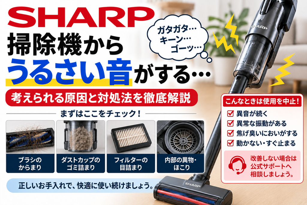 シャープ掃除機から異音がするときに、ブラシのからまり、ダストカップのゴミ詰まり、フィルターの目詰まり、内部の異物やほこりを確認し、異常な振動・焦げ臭いにおい・停止を伴う場合の使用中止と公式サポート相談の目安を案内する図解