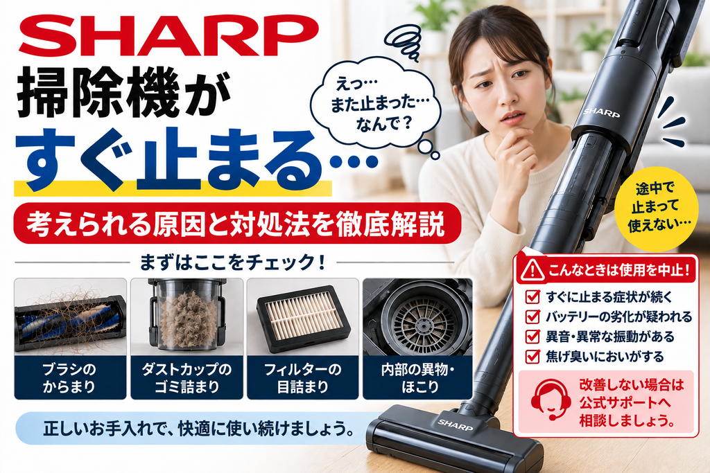 シャープ掃除機がすぐ止まるときに、ブラシのからまり、ダストカップのゴミ詰まり、フィルターの目詰まり、内部の異物やほこりを確認し、バッテリー劣化・異音・異常振動・焦げ臭いにおいがある場合の使用中止と公式サポート相談の目安を案内する図解