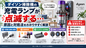 ダイソン掃除機の充電ランプが点滅するときに、充電器や接続状態、使用環境の温度、バッテリーの不具合や劣化、機種ごとの表示パターンを確認し、焦げ臭い・異常発熱・充電不能がある場合の使用中止と公式サポート相談の目安を案内する図解