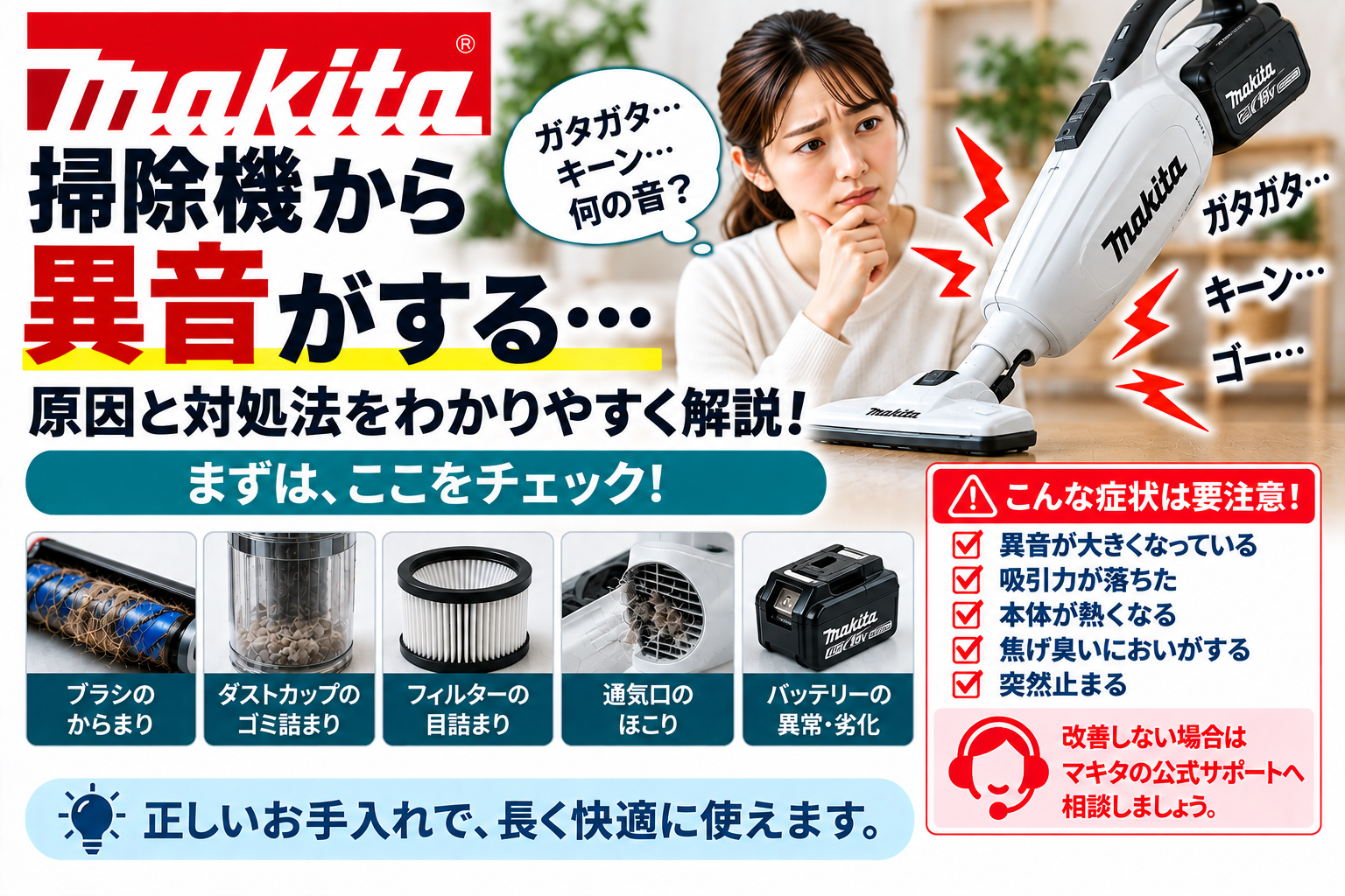 マキタ掃除機から異音がするときに、ブラシのからまり、ダストカップのゴミ詰まり、フィルターの目詰まり、通気口のほこり、バッテリーの異常や劣化を確認し、異常発熱・吸引力低下・焦げ臭いにおい・突然停止がある場合の使用中止と公式サポート相談の目安を案内する図解