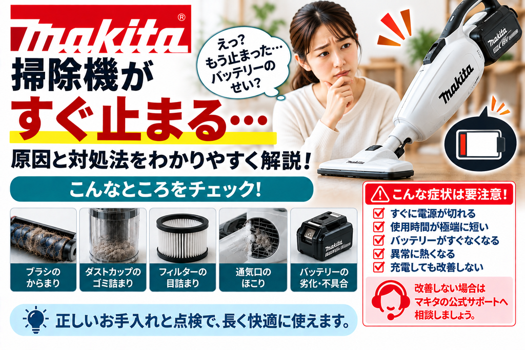 マキタ掃除機がすぐ止まるときに、ブラシのからまり、ダストカップのゴミ詰まり、フィルターの目詰まり、通気口のほこり、バッテリーの劣化や不具合を確認し、異常発熱・短時間停止・充電しても改善しない場合の使用中止と公式サポート相談の目安を案内する図解