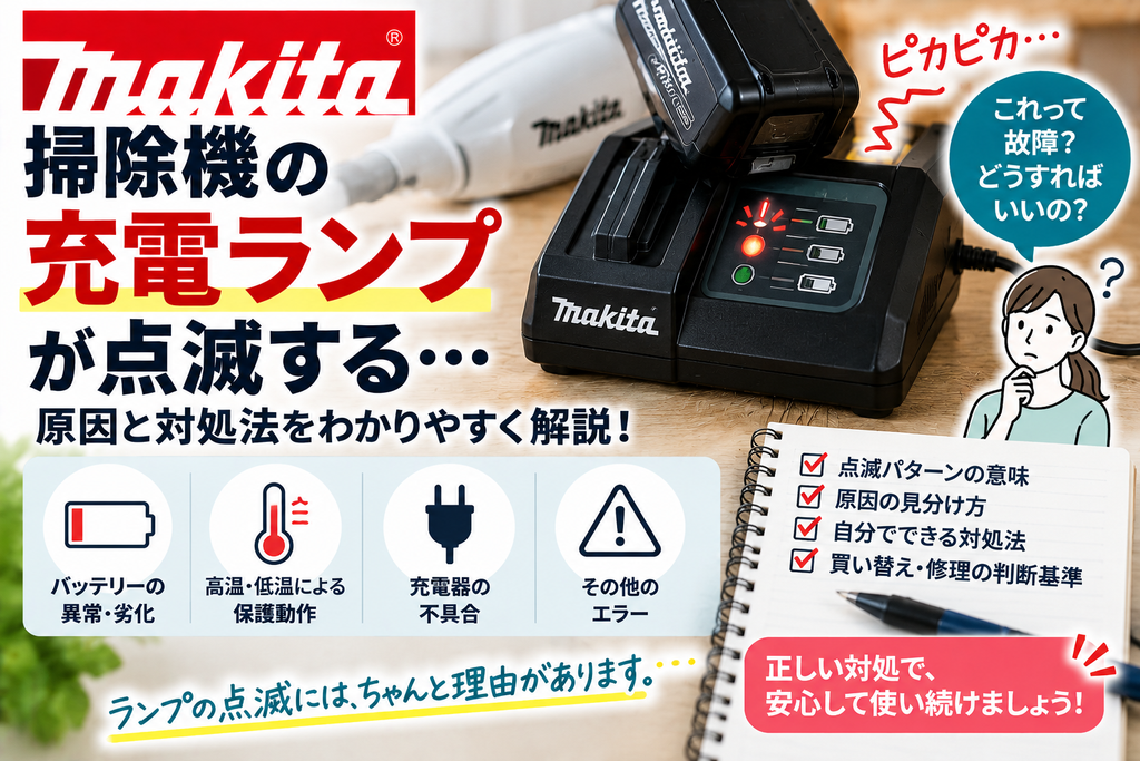 マキタ掃除機の充電ランプが点滅するときに、バッテリーの異常や劣化、高温・低温による保護動作、充電器の不具合、その他のエラーを確認し、改善しない場合の修理・買い替え判断と公式サポート相談の目安を案内する図解