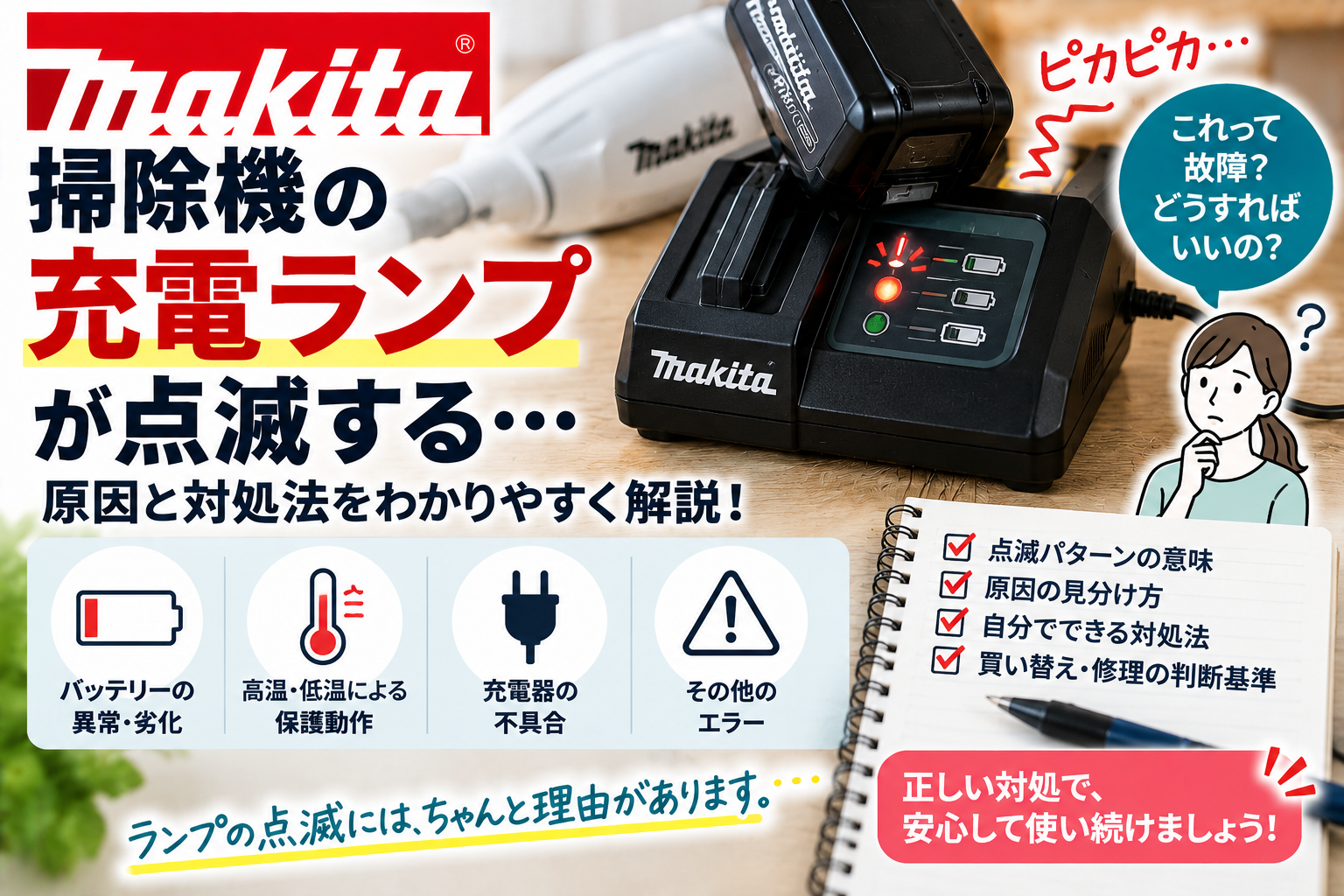 マキタ掃除機の充電ランプが点滅するときに、バッテリーの異常や劣化、高温・低温による保護動作、充電器の不具合、その他のエラーを確認し、改善しない場合の修理・買い替え判断と公式サポート相談の目安を案内する図解