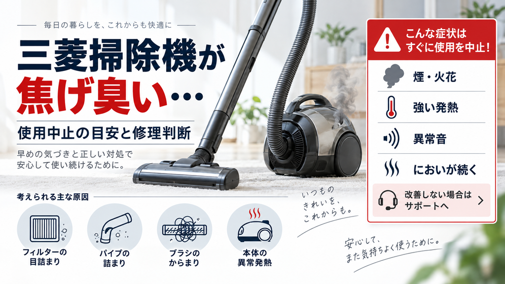 三菱掃除機から焦げ臭いにおいがするときに、フィルターの目詰まり、パイプやブラシの詰まり、本体の異常発熱を確認し、煙・火花・強い発熱・異常音・においが続く場合の使用中止と公式サポート相談の目安を案内する図解