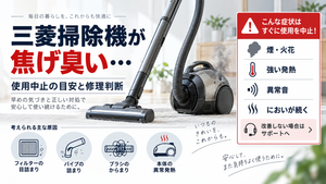 三菱掃除機から焦げ臭いにおいがするときに、フィルターの目詰まり、パイプやブラシの詰まり、本体の異常発熱を確認し、煙・火花・強い発熱・異常音・においが続く場合の使用中止と公式サポート相談の目安を案内する図解