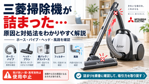 三菱掃除機が詰まったときに、ホースやパイプ、ヘッドやブラシ、紙パックやダストケース、フィルター、風路の詰まりを確認し、焦げ臭い・煙・異常発熱がある場合の使用中止と公式サポート相談の目安を案内する図解